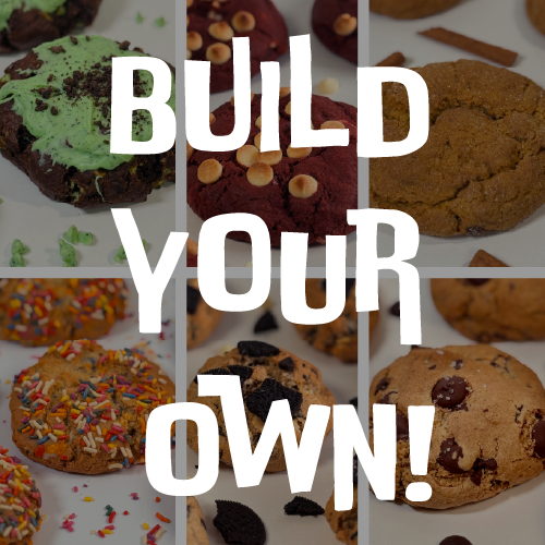 A collage of assorted cookies and cupcakes with large white text reading 'BUILD YOUR OWN!' overlaid across the center.