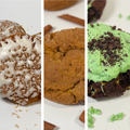 Three vertical close-up shots of baked cookies: one is an iced oatmeal wth oatmeal pieces, one golden-brown pumpkin snickerdoodle, and one chocolate cookies with bright green frosting topped with dark cookie crumbs.