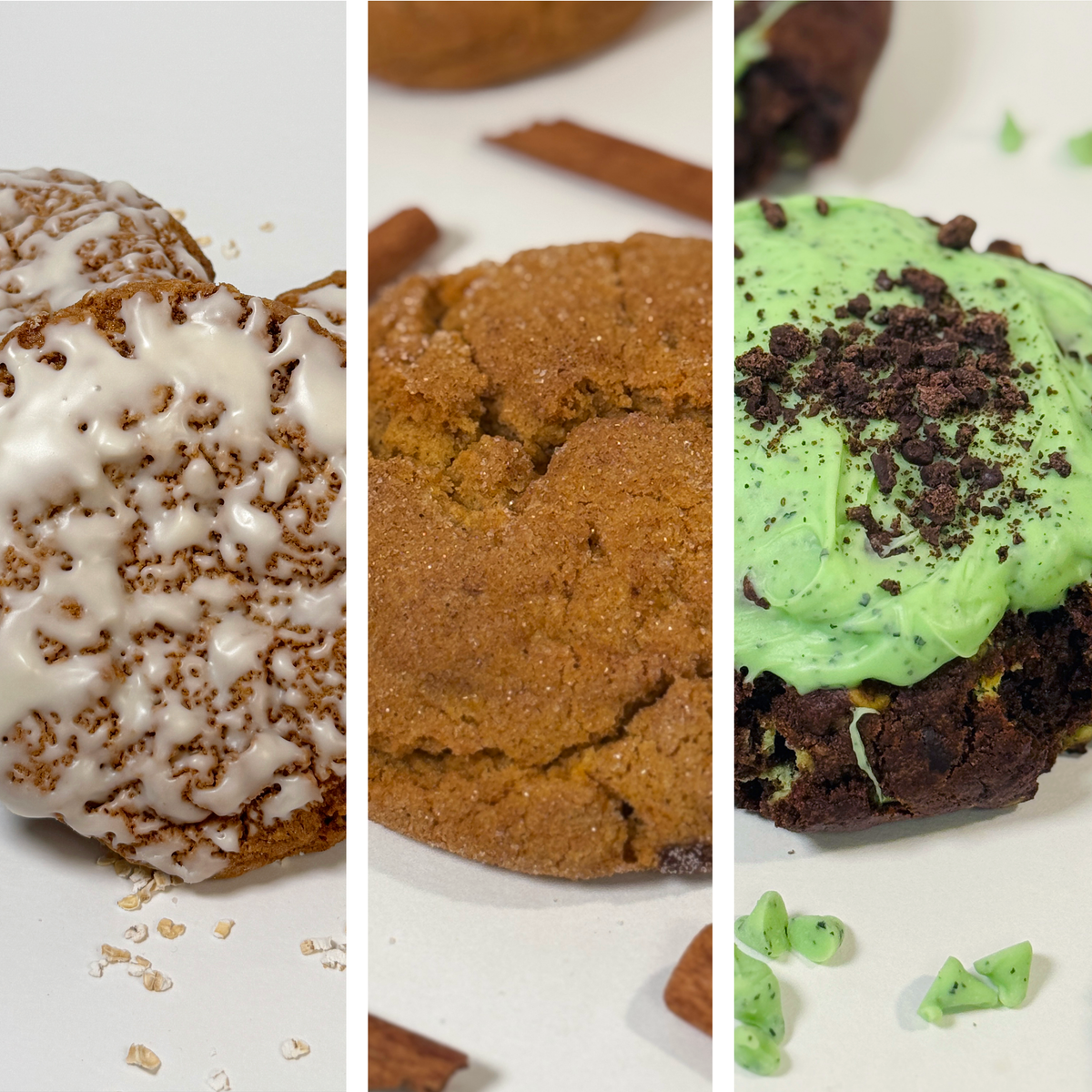 Three vertical close-up shots of baked cookies: one is an iced oatmeal wth oatmeal pieces, one golden-brown pumpkin snickerdoodle, and one chocolate cookies with bright green frosting topped with dark cookie crumbs.