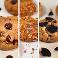 Three vertical panels show different cookies: one with chocolate chips, one with colorful sprinkles, and one with Oreo cookie pieces, all on a white background.