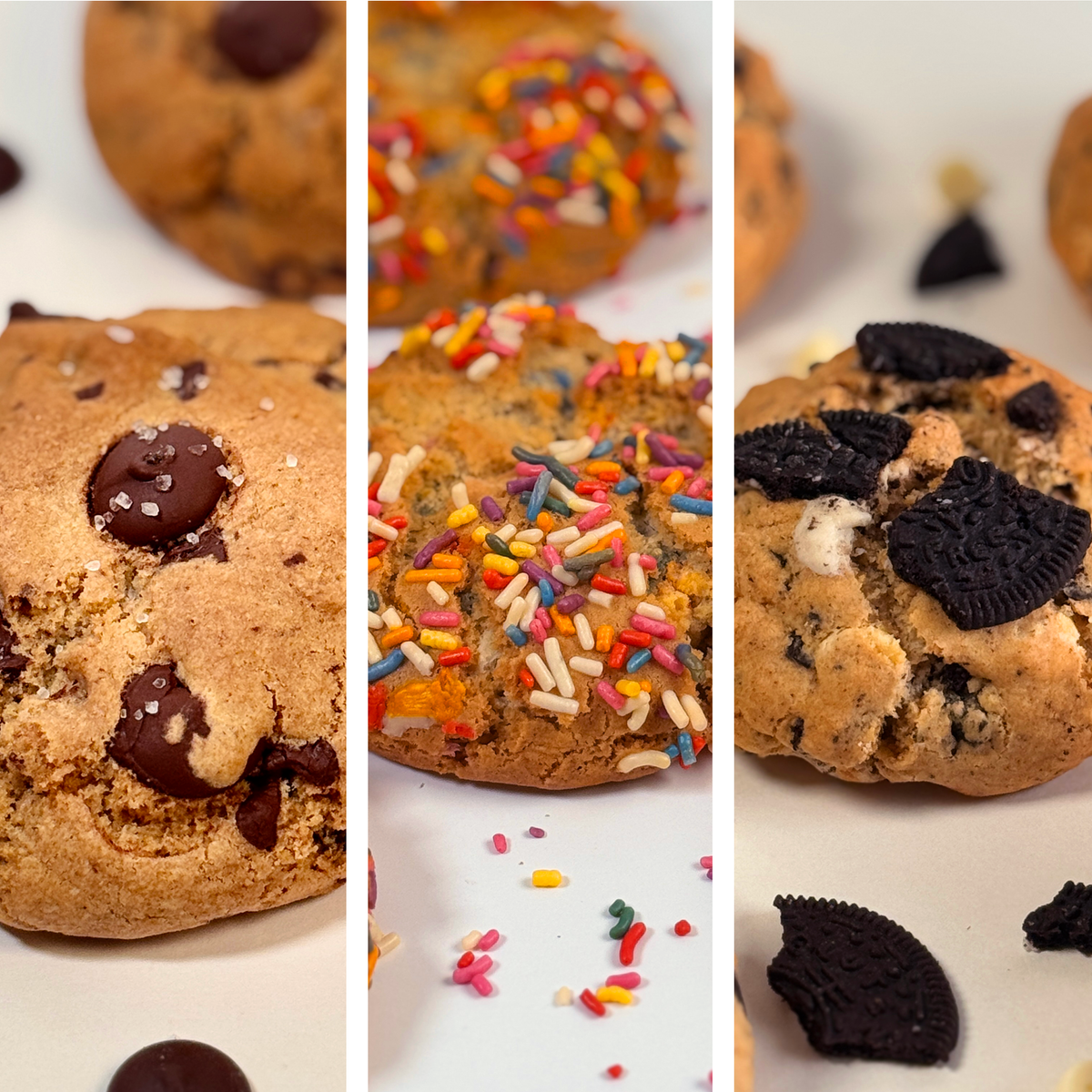 Three vertical panels show different cookies: one with chocolate chips, one with colorful sprinkles, and one with Oreo cookie pieces, all on a white background.